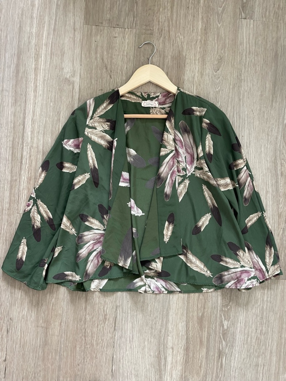 Audrey 3+1 Green Feather Print Kimono Jacket | Boho Open Front Layer | Size S